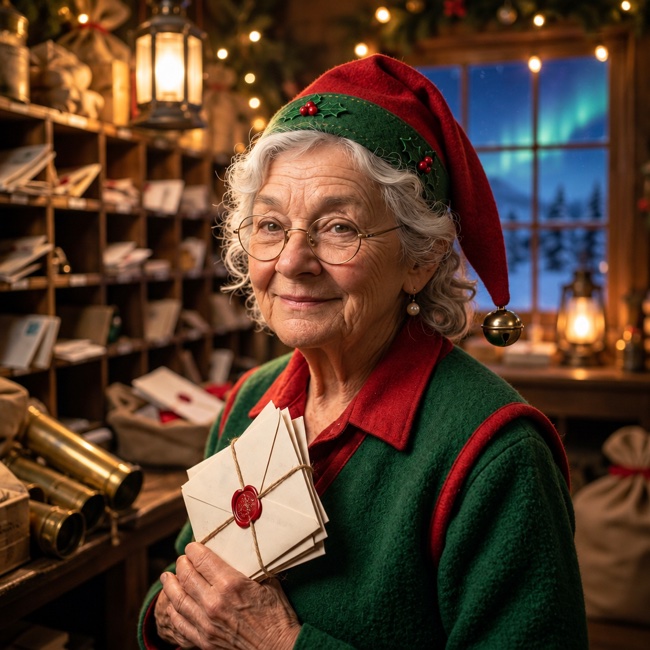 Frostbutton, Mail Room elf who tends children's letters with great care.