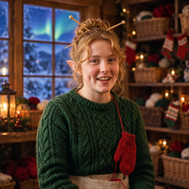 Mittenwick, Mrs. Claus's knitting apprentice in the knitting nook.