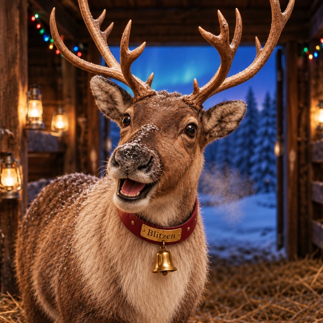 Blitzen, Electric, bold reindeer full of sparks and Christmas Eve excitement.