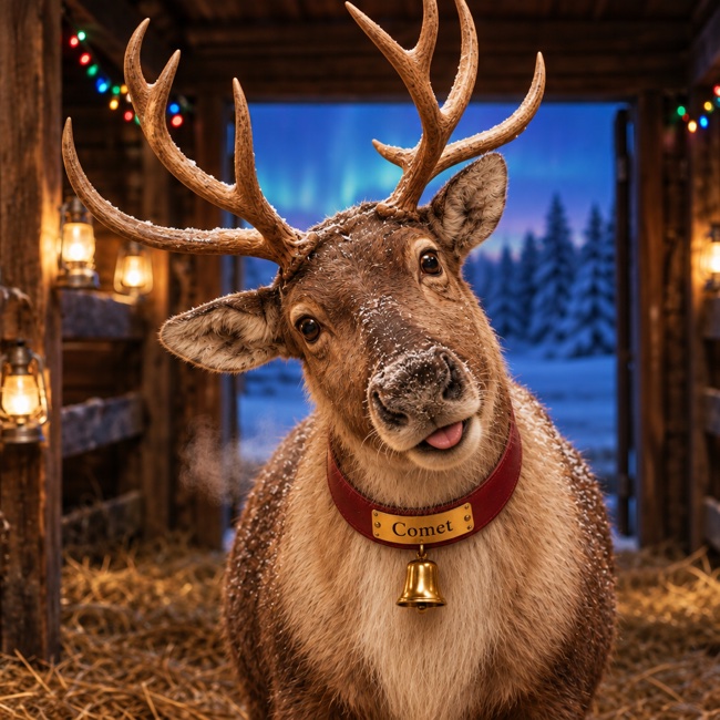 Comet, Goofy, loyal, big-hearted reindeer who brings the team together.