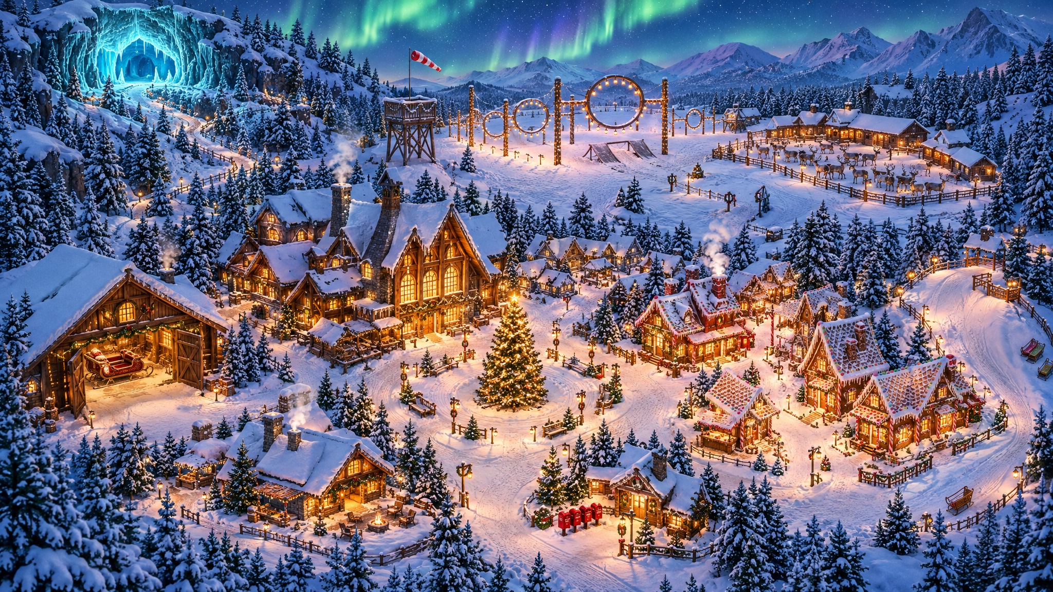 The snowy North Pole village beneath the aurora