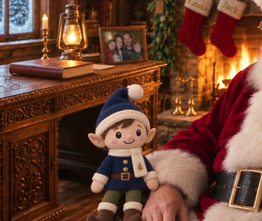 Santa's study: a framed family photo on the desk, stockings named Emma and Jack over the fire, and a small elf doll beside Santa