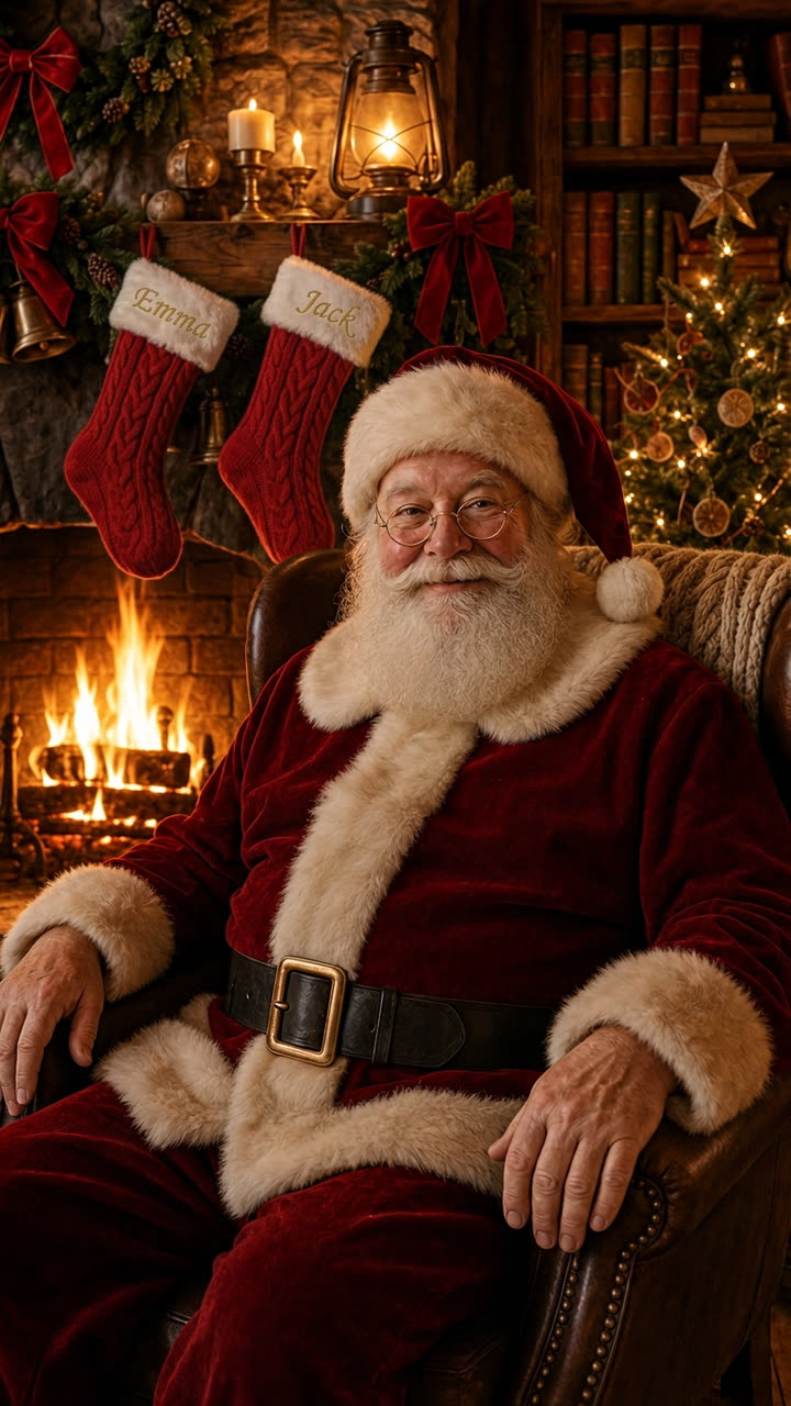 Santa in his chair beside the fire, with two stockings stitched Emma and Jack