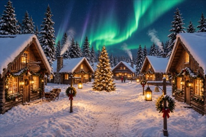 The North Pole Village Square at Night