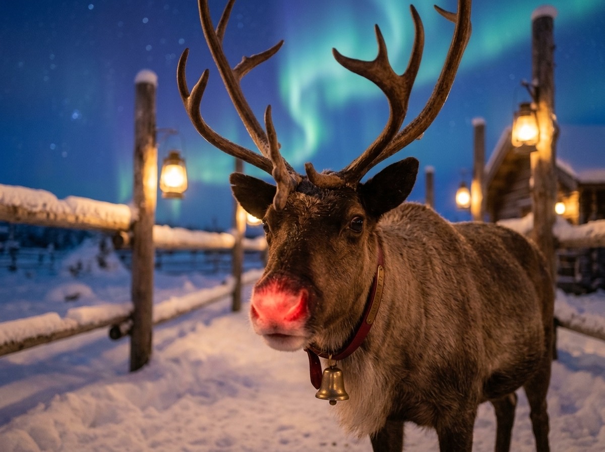 Rudolph at the North Pole, his nose softly glowing